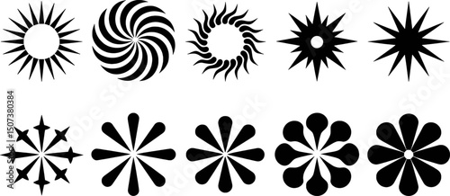 Abstract black and white geometric sunburst flower designs