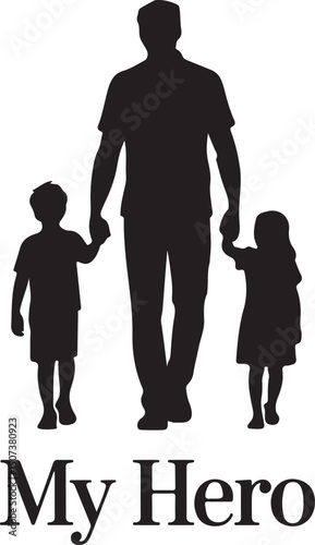 Silhouette of a father holding hands with two children representing family love and support for father's day and everyday use