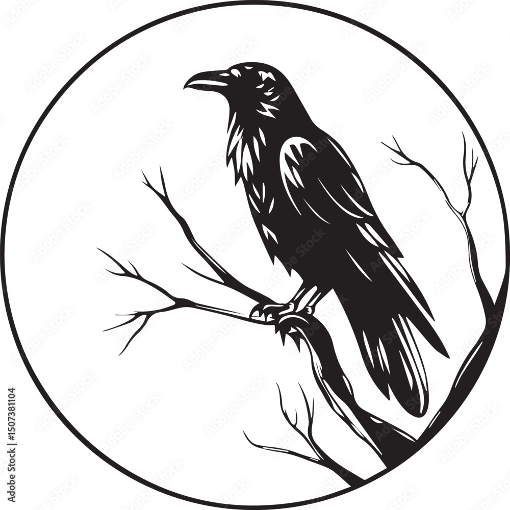 Obraz premium A striking black and white vector silhouette of a bird perched on a bare tree branch. Ideal for logo design, minimalist wall art, or t-shirt print with a mystical and spiritual vibe.