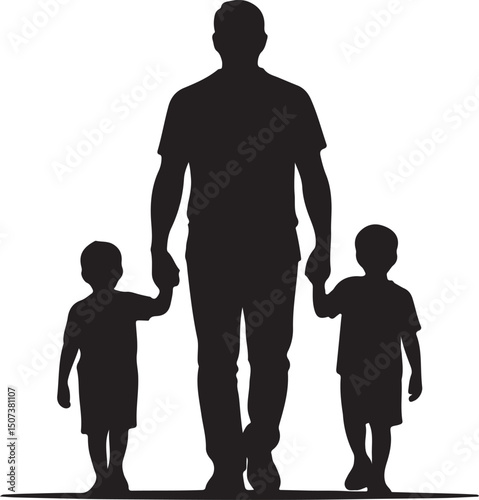 Silhouette of a father walking with his two children holding hands a symbol of family love and togetherness representing parenthood