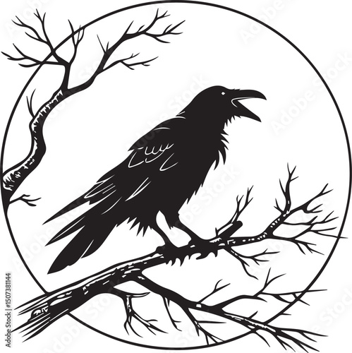 An elegant silhouette of two birds on intertwining tree branches enclosed in a circular frame. Great for spiritual, natural, or Islamic-themed design elements.