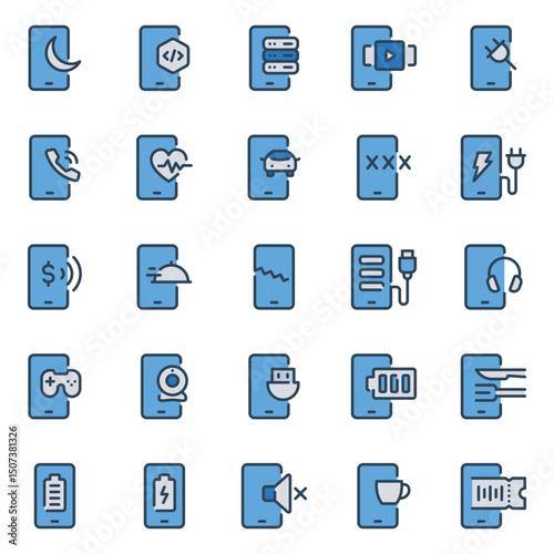 Filled blue outline icons set for Smartphone services