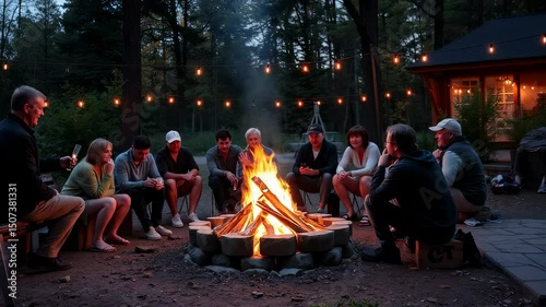 Group of friends gather around a cozy campfire at dusk storytelling