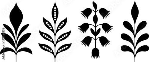 Four simple black floral silhouettes botanical design elements