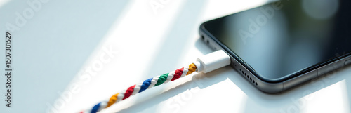 sleek smartphone plugged vibrant striped charging cable bright white background subtle