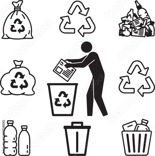 Vector illustration of recycling symbols waste containers and person disposing of paper for environmental sustainability