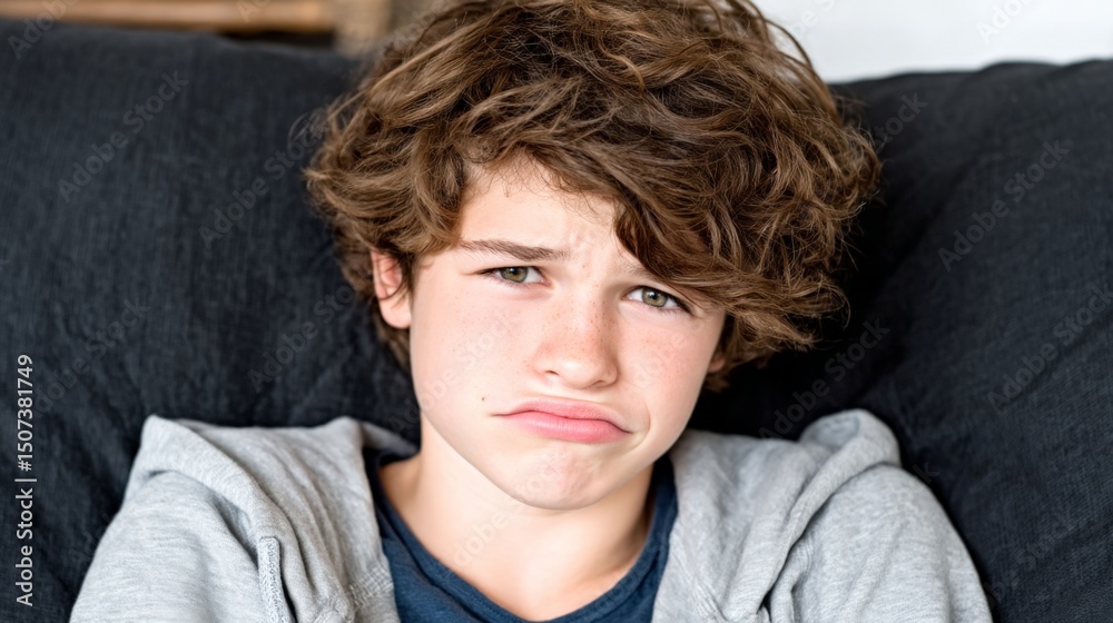 Obraz premium Young boy with curly hair making a sad face sitting on a dark sofa