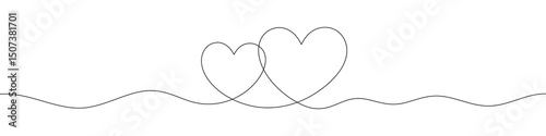 Continuous line drawing of two intertwined hearts with wave. Minimalist romantic vector illustration for love, wedding, or Valentine’s Day designs. Black line art on white background.