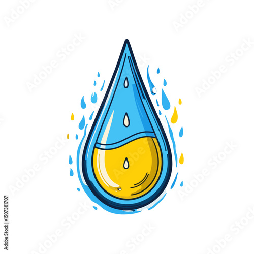 Stylized water droplet with yellow and blue halves and splashes, vibrant design concept