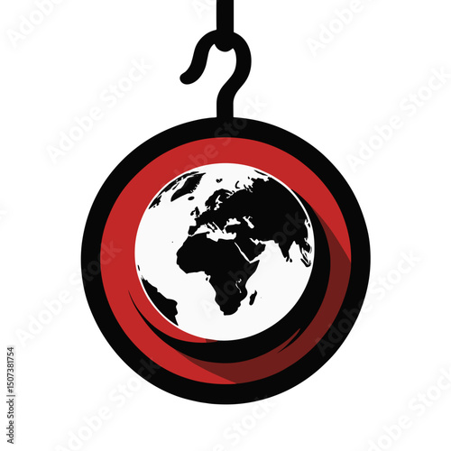 Illustration of a globe being held by a hook, symbolizing the balance between industry and the environment