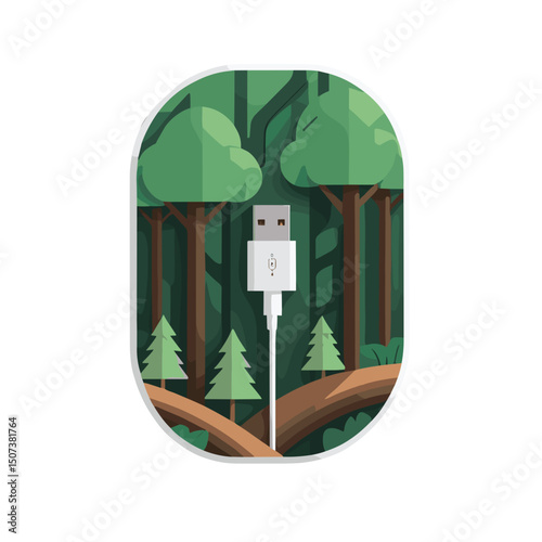Stylized illustration of a USB cable connected to a forest scene, symbolizing the connection between technology and nature