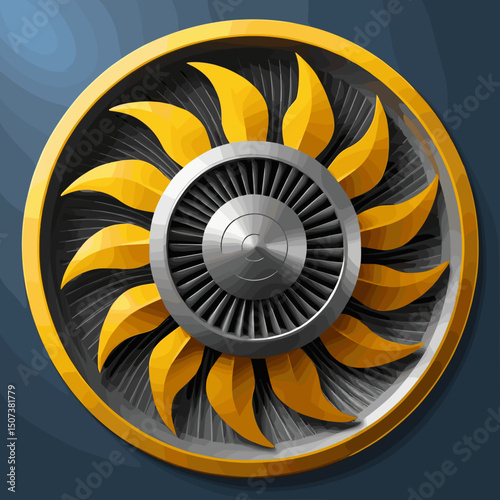 Stylized turbine design featuring golden blades and a metallic center, symbolizing power and energy