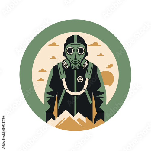 Stylized illustration of a person in a gas mask standing against a scenic landscape background
