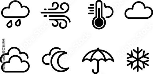 Simple weather icons set cloud rain wind thermometer