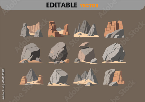 Collection of Editable Vector Rock Formations Featuring Desert Landscapes and Rocky Outcrops in Neutral Tones Ideal for Game Design Illustration and Backgrounds with a Natural Rugged Aesthetic
