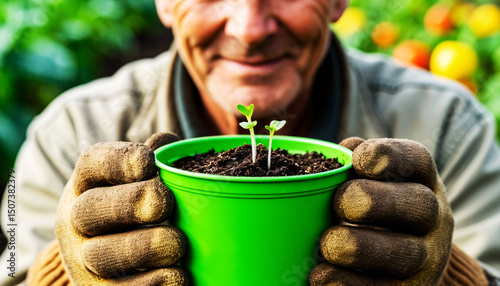 An elderly gardener in work gloves gently holds a green plastic pot with young sprouts emerging from the rich soil photo