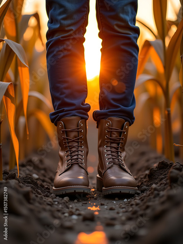 muddy boots standing cornfield sunset surrounded towering stalks deep shadows soft