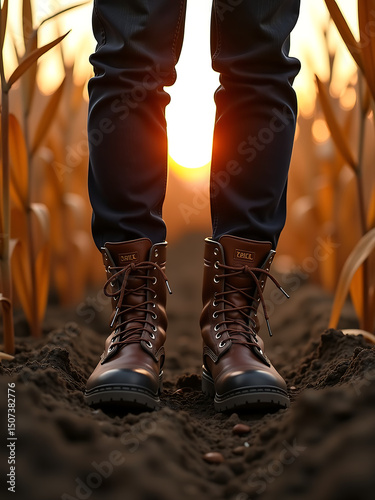 muddy boots standing cornfield sunset surrounded towering stalks deep shadows soft