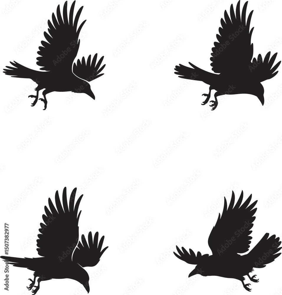Fototapeta premium Flying Crow & Raven Silhouettes: Birds in Flight Vector Set