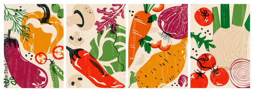 Vegetable posters. Organic veggies food, fresh natural farm products for healthy diet, tomato pepper onion greens risograph covers for vegetarian restaurant menu. Vector cartoon set