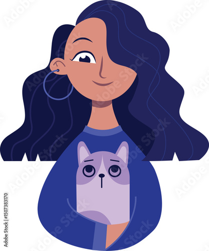 Beautiful young happy woman with cat. Teenager girl holding a kitty in her arms. Caring for animals concept. Female character. Vector cartoon flat Illustration for avatar, poster, card