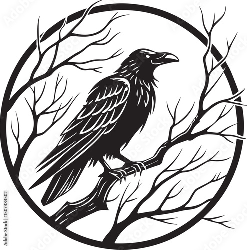 A striking black and white vector silhouette of a bird perched on a bare tree branch. Ideal for logo design, minimalist wall art, or t-shirt print with a mystical and spiritual vibe