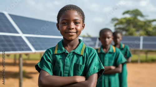 net zero with carbon impact concept. Smiling children in front of solar panels showcasing renewable energy.
