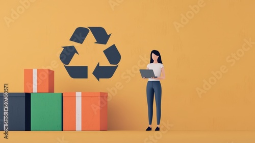 net zero with carbon impact concept. Woman with tablet near colorful boxes and recycling symbol on wall.