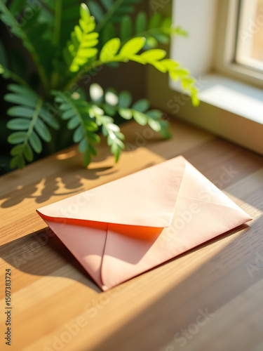 shot soft focus envelope nestled wooden desk amidst lush green fern reflected gentle glow