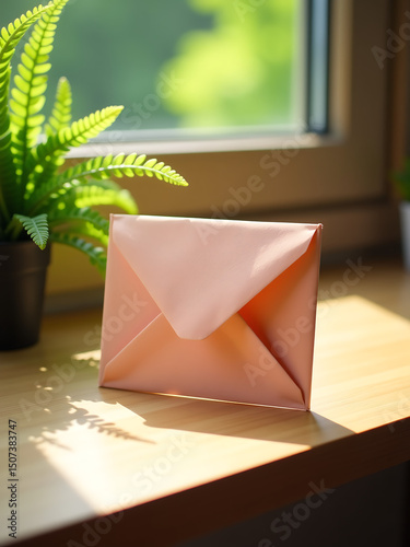 shot soft focus envelope nestled wooden desk amidst lush green fern reflected gentle glow