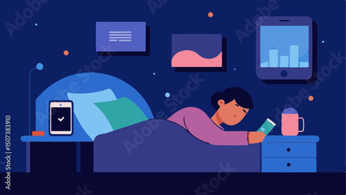 Nighttime Monitoring A cozy bedroom scene with a biohacker sleeping while a glucose monitor tracks data and sends updates to a smartphone on the bedside table.