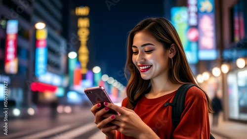 Wallpaper Mural Young Asian woman smiles while using smartphone in vibrant city at night Torontodigital.ca