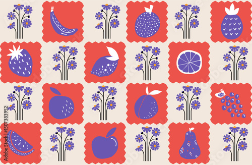 Seamless Vector Pattern with Hand-Drawn Abstract Fruit and Floral Elements on Light Background