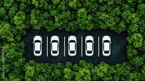 net zero with carbon impact concept. Cars parked in a green forest area from an aerial view.
