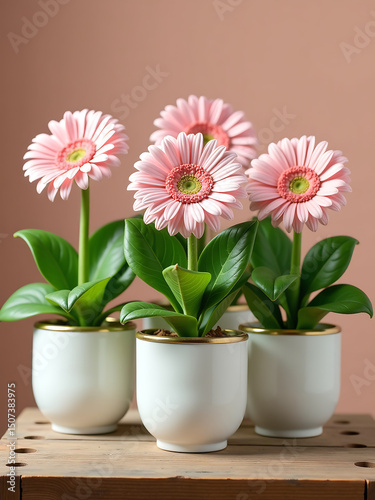shot five delicate pink gerbera flowers swaying gently amidst lush green leaves charming white planters rustic golden
