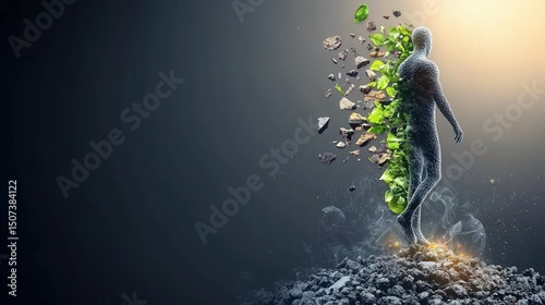 net zero with carbon impact concept. Fragmented figure emerging from debris with a glowing background.