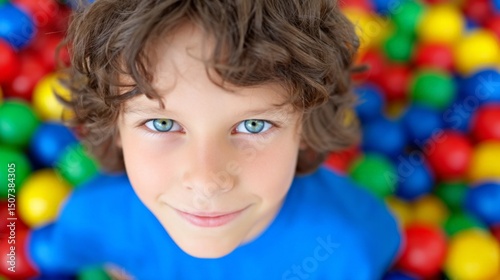 Young boy with curly hair and bright blue eyes smiling in a colorful ball pit