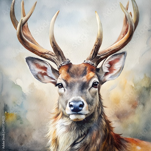 Wildlife forest animal illustration - Watercolor painting of deer stag head with antlers, design for logo or t shirt, isolated on white background