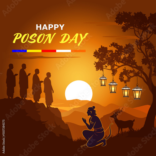 Happy Poson Poya Day Vector Illustration with Mihinthalawa Temple, Mihindu Thero, King , Dear and Full Moon - Happy Poson Day