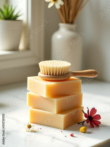 delicate brush lies atop stack artisanal soaps adorned dried flowers set polished white marble countertop warm