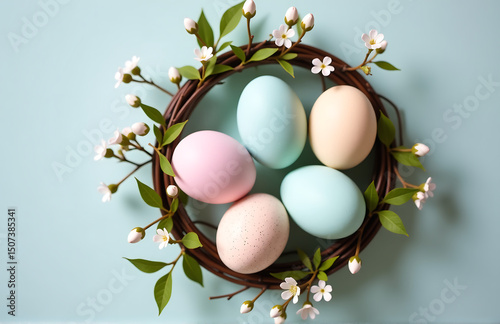 delicate flat lay easter eggs nestled within vintage floral wreath soft natural light background subtle