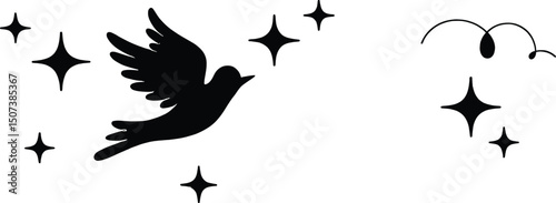 Silhouetted dove soaring among sparkling stars