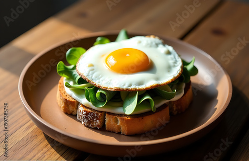delicate sandwich worn wooden plate features single fried egg perched atop tangle fresh greens soft morning