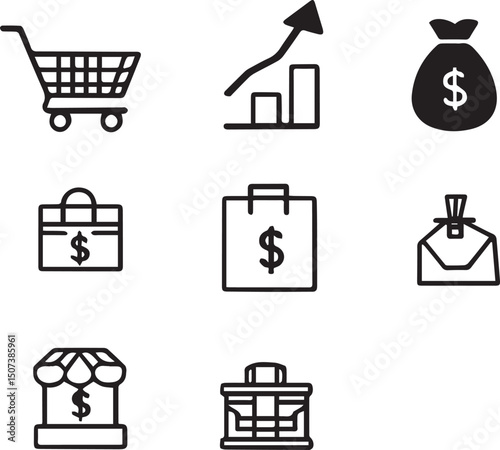 E-commerce Icon Set: A collection of minimalist vector illustrations showcasing essential e-commerce elements such as shopping carts, sales trends, and financial symbols.