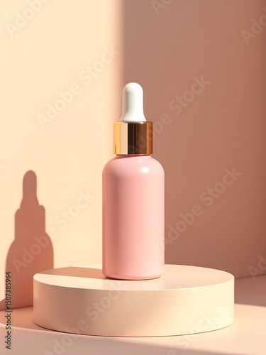 delicate pink dropper bottle golden cap rests warm beige podium contents reflected soft overhead light creating