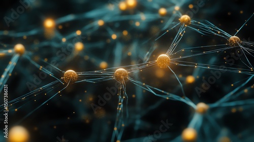 Abstract Neural Network: Golden Nodes and Teal Connections.  High-resolution digital art depicting a complex network of interconnected glowing spheres