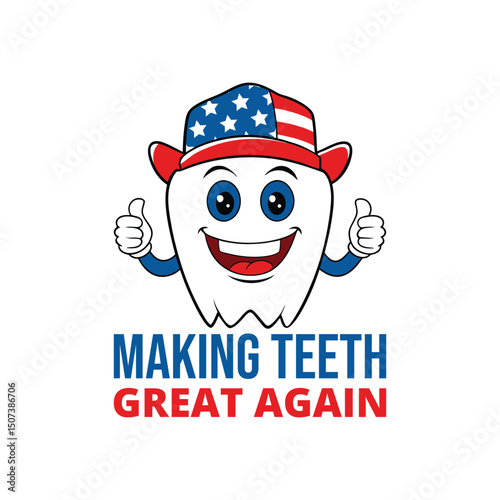 Cartoon tooth character wearing an American flag hat giving thumbs up, Smiling Tooth, Oral Dental Care, Teeth Day.