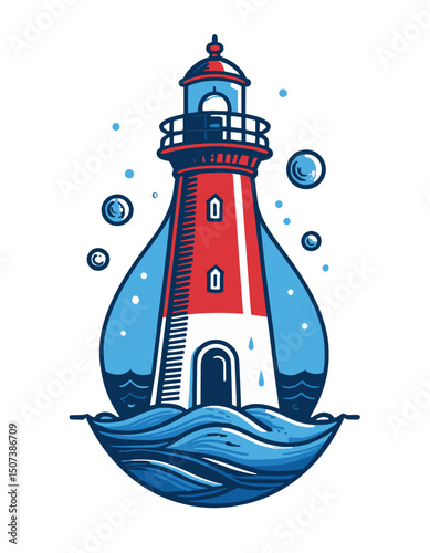 Lighthouse in a water droplet with waves and bubbles in a modern design, logo concept