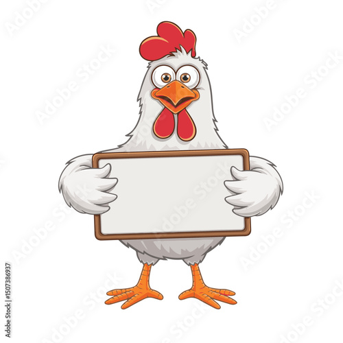 Funny Hen Holding Blank Sign: A cheerful hen mascot with a bright red comb and wattle stands proudly, clutching a blank sign, perfect for adding your own custom message.