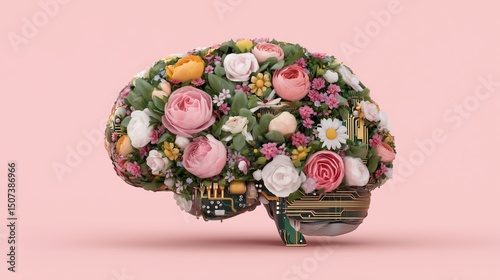 This captivating artwork features a brain composed of colorful flowers intertwined with circuitry, symbolizing the fusion of nature and technology. conveying creativity and harmony